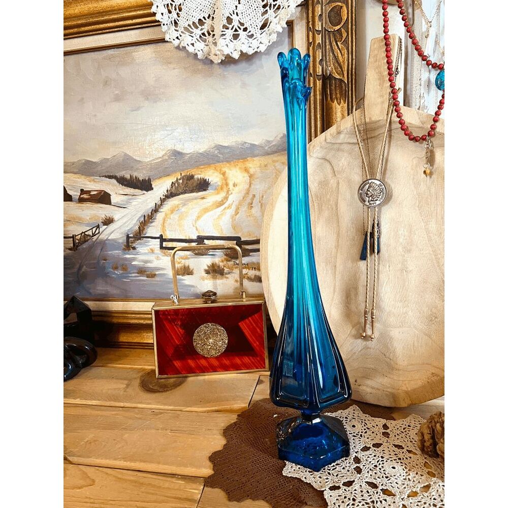 Vintage Viking Glass 19" Bluenique Epic Column Ribbed Swung Vase